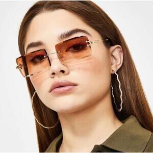 VINTAGE Rimless Fashion Trending Rectangular Orange Tinted Sunglasses Unisex NEW